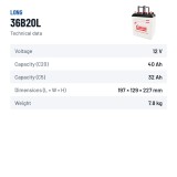 Batterie voiture Long 36B20L 12V 40Ah – fiche technique
