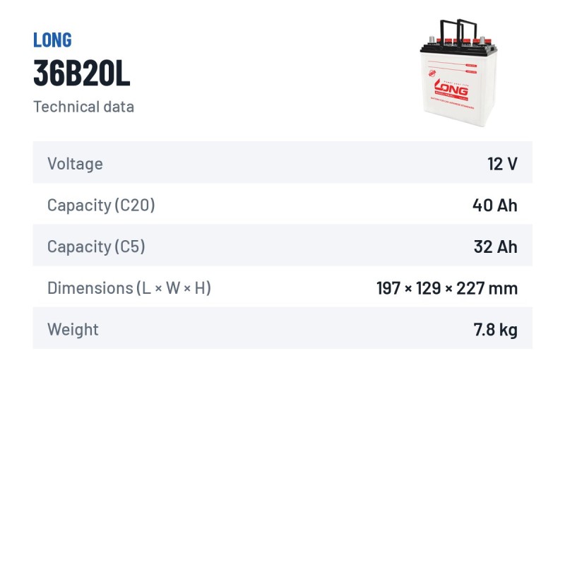 Bateria de carro Long 36B20L 12V 40Ah – ficha técnica