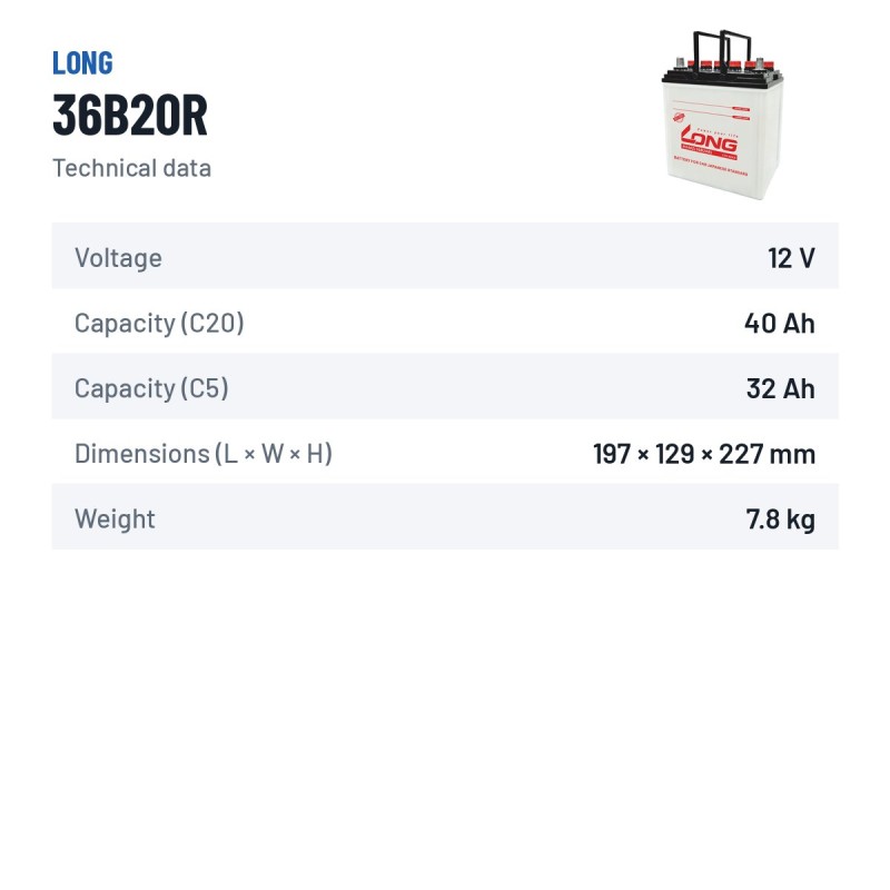 Autobatterie Long 36B20R 12V 40Ah – technische Daten