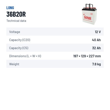Autobatterie Long 36B20R 12V 40Ah – technische Daten