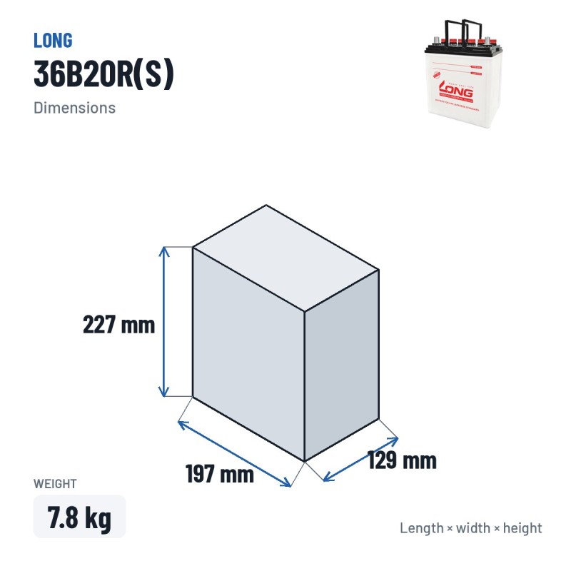 Bateria de carro Long 36B20R(S) 12V 40Ah – medidas 197 × 129 × 227 mm