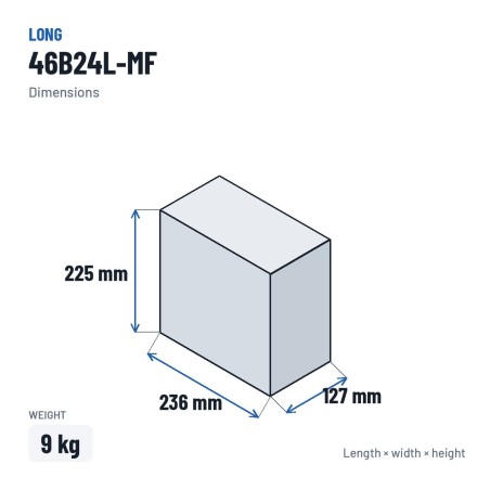 Batterie voiture Long 46B24L-MF 12V 45Ah – dimensions 236 × 127 × 225 mm