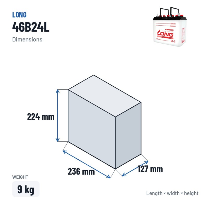 Bateria de carro Long 46B24L 12V 45Ah – medidas 236 × 127 × 224 mm
