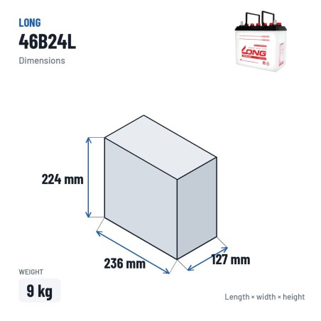 Bateria de carro Long 46B24L 12V 45Ah – medidas 236 × 127 × 224 mm