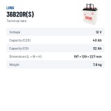 Batteria auto Long 36B20R(S) 12V 40Ah – scheda tecnica