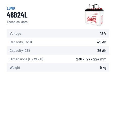 Bateria de carro Long 46B24L 12V 45Ah – ficha técnica