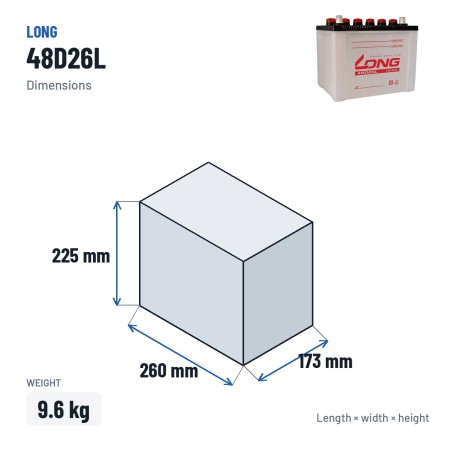 Car battery Long 48D26L 12V 50Ah – dimensions 260 × 173 × 225 mm