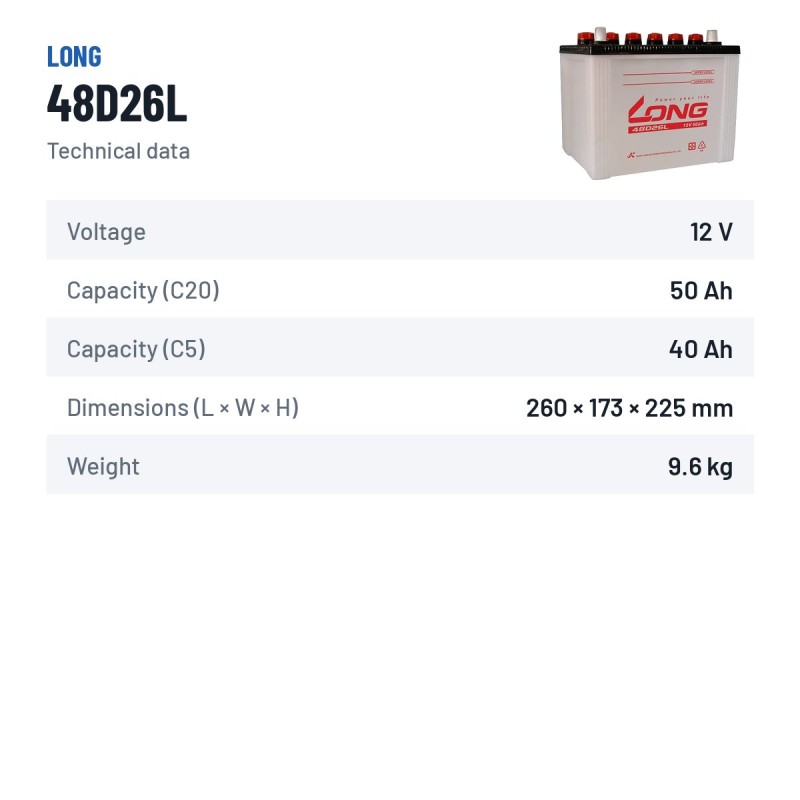 Autobatterie Long 48D26L 12V 50Ah – technische Daten