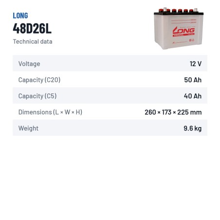 Autobatterie Long 48D26L 12V 50Ah – technische Daten