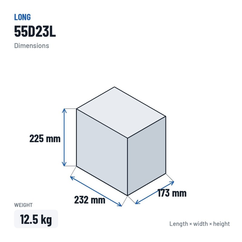 Batterie voiture Long 55D23L 12V 55Ah – dimensions 232 × 173 × 225 mm