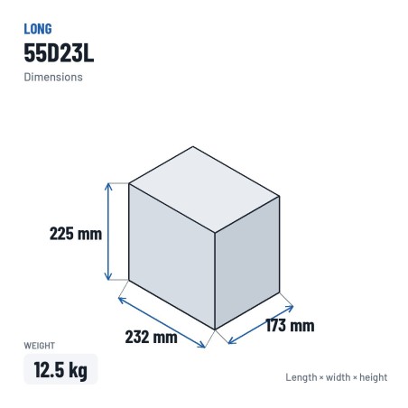 Batterie voiture Long 55D23L 12V 55Ah – dimensions 232 × 173 × 225 mm