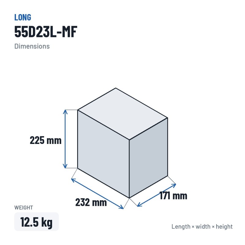 Car battery Long 55D23L-MF 12V 55Ah – dimensions 232 × 171 × 225 mm