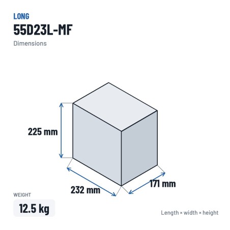 Bateria de carro Long 55D23L-MF 12V 55Ah – medidas 232 × 171 × 225 mm