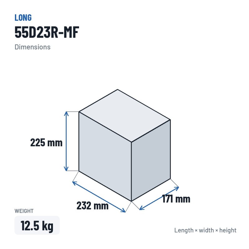 Batterie voiture Long 55D23R-MF 12V 55Ah – dimensions 232 × 171 × 225 mm