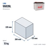 Car battery Long 55D26L 12V 60Ah – dimensions 260 × 173 × 225 mm