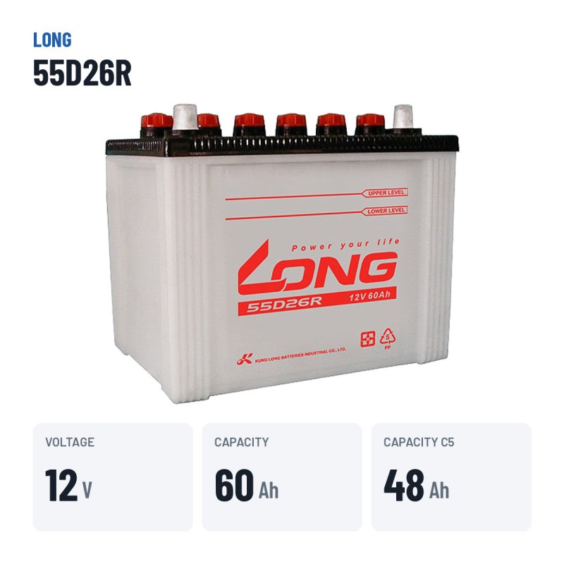 Batterie voiture Long 55D26R 12V 60Ah – caractéristiques clés