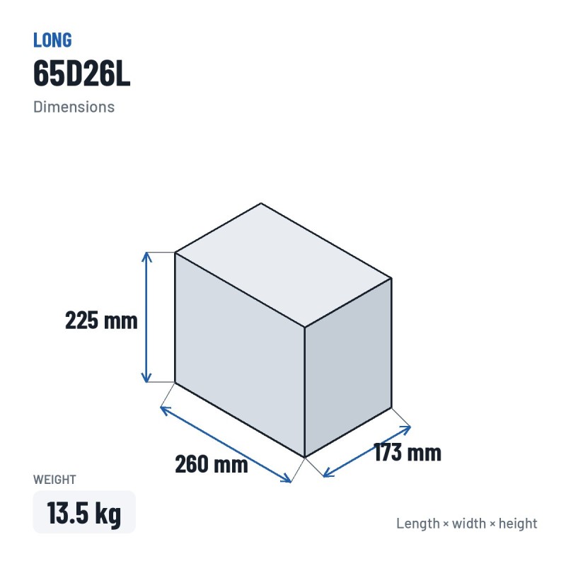 Batterie voiture Long 65D26L 12V 65Ah – dimensions 260 × 173 × 225 mm