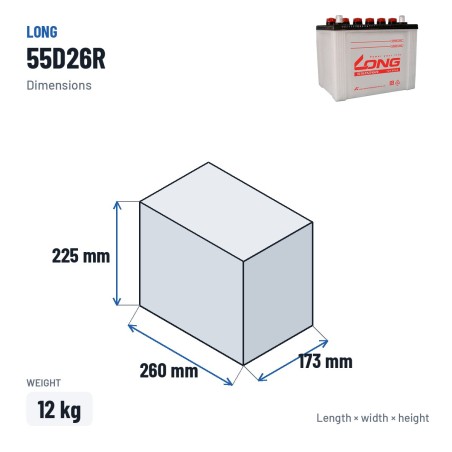 Batería de coche Long 55D26R 12V 60Ah – medidas 260 × 173 × 225 mm