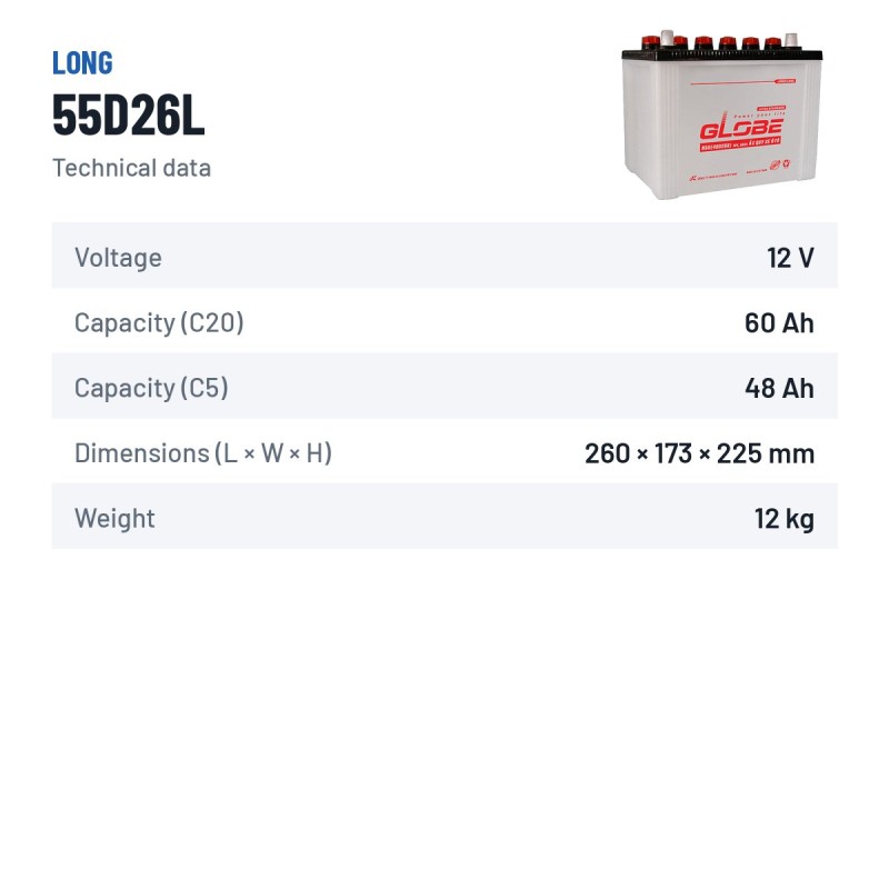 Car battery Long 55D26L 12V 60Ah – technical data