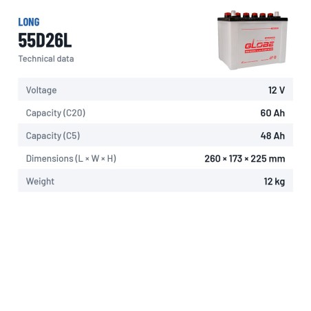 Car battery Long 55D26L 12V 60Ah – technical data