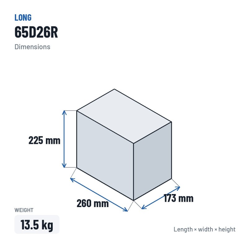 Car battery Long 65D26R 12V 65Ah – dimensions 260 × 173 × 225 mm
