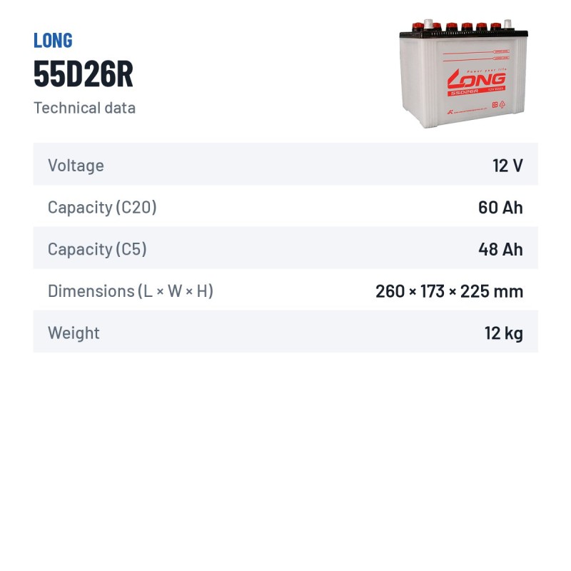 Car battery Long 55D26R 12V 60Ah – technical data