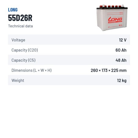 Batterie voiture Long 55D26R 12V 60Ah – fiche technique