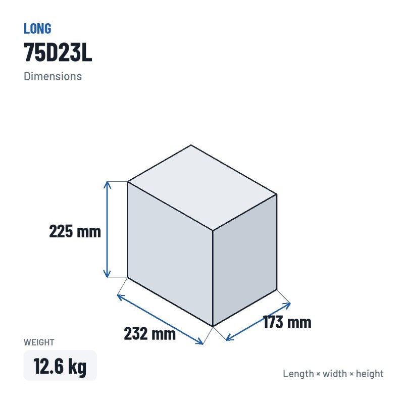 Bateria de carro Long 75D23L 12V 65Ah – medidas 232 × 173 × 225 mm