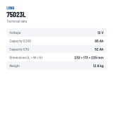 Bateria de carro Long 75D23L 12V 65Ah – ficha técnica