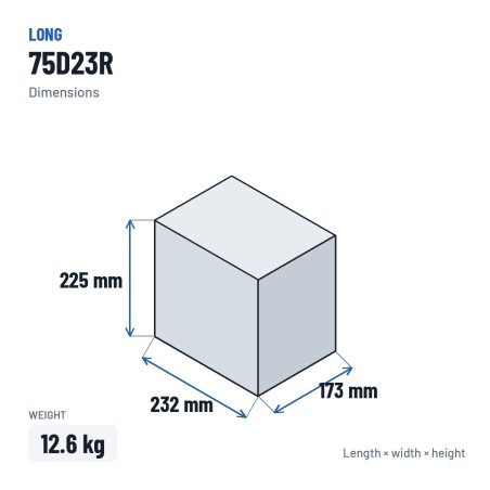 Batterie voiture Long 75D23R 12V 65Ah – dimensions 232 × 173 × 225 mm
