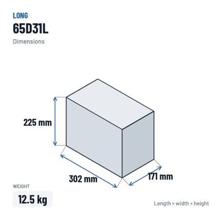 Batteria auto Long 65D31L 12V 75Ah – dimensioni 302 × 171 × 225 mm