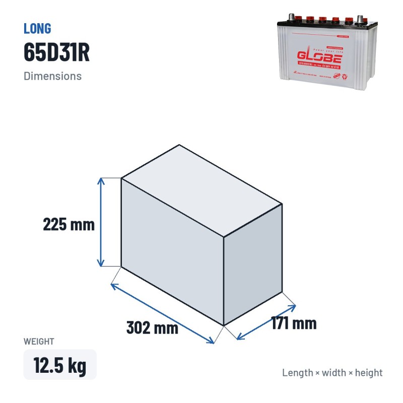 Batteria auto Long 65D31R 12V 75Ah – dimensioni 302 × 171 × 225 mm
