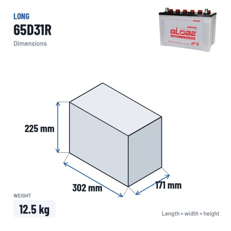 Car battery Long 65D31R 12V 75Ah – dimensions 302 × 171 × 225 mm