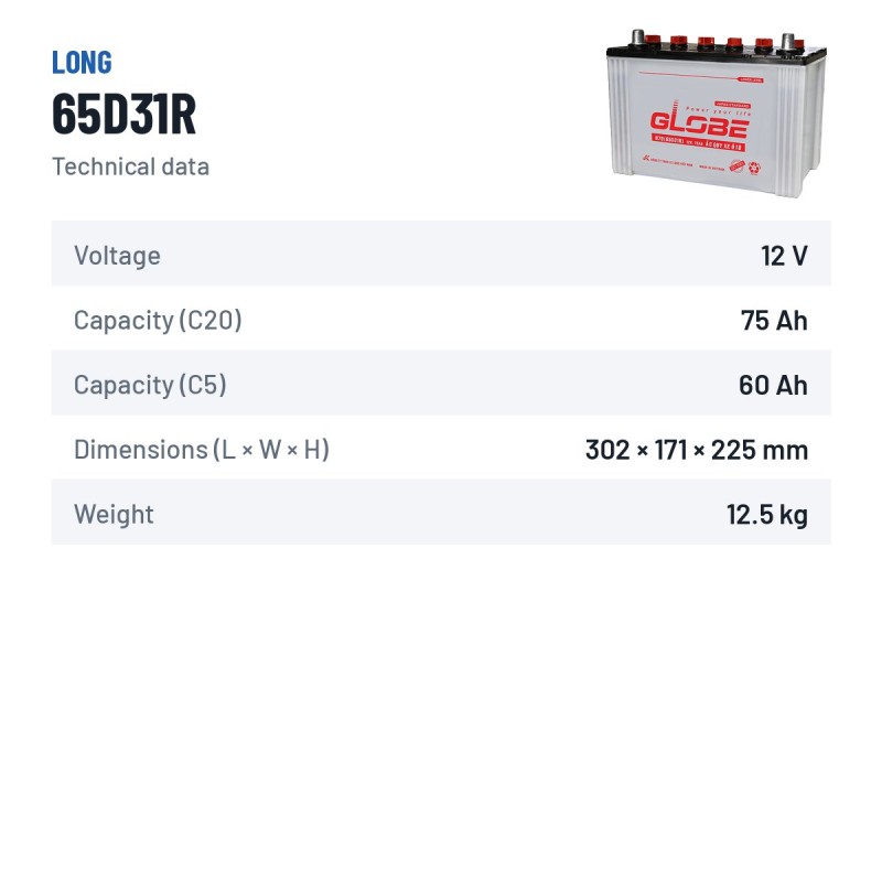Batteria auto Long 65D31R 12V 75Ah – scheda tecnica
