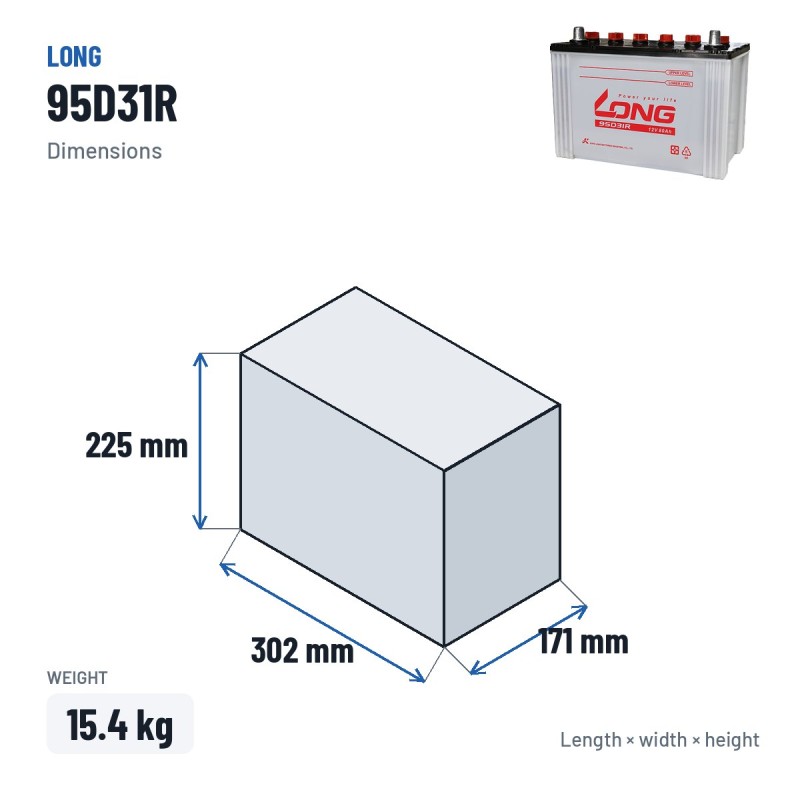 Batería de coche Long 95D31R 12V 80Ah – medidas 302 × 171 × 225 mm