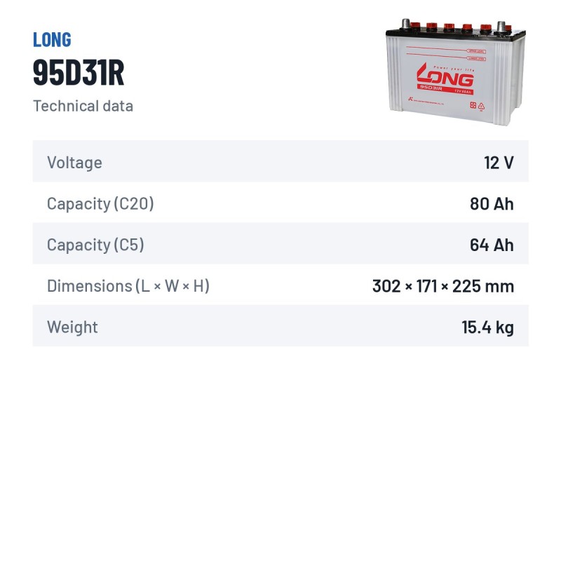 Autobatterie Long 95D31R 12V 80Ah | baterias.com