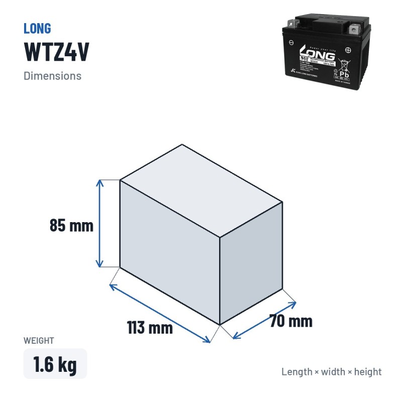 Batería de coche Long WTZ4V 12V 3.7Ah – medidas 113 × 70 × 85 mm