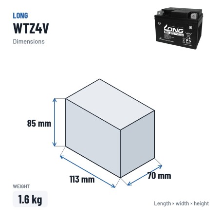 Batería de coche Long WTZ4V 12V 3.7Ah – medidas 113 × 70 × 85 mm