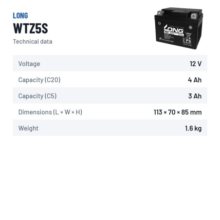 Bateria de carro Long WTZ5S 12V 4Ah – ficha técnica