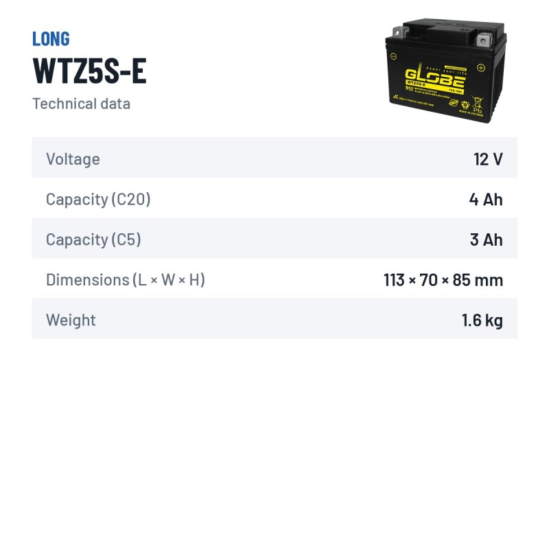 Batería de coche Long WTZ5S-E 12V 4Ah – ficha técnica