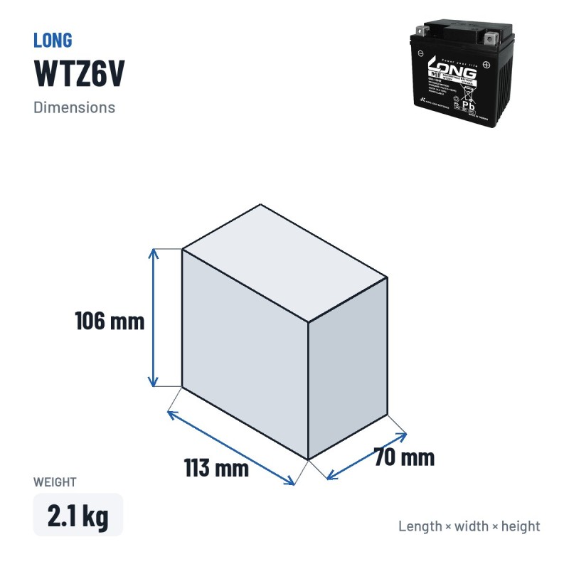 Bateria de carro Long WTZ6V 12V 6Ah – medidas 113 × 70 × 106 mm