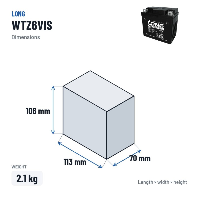 Bateria de carro Long WTZ6VIS 12V 6Ah – medidas 113 × 70 × 106 mm
