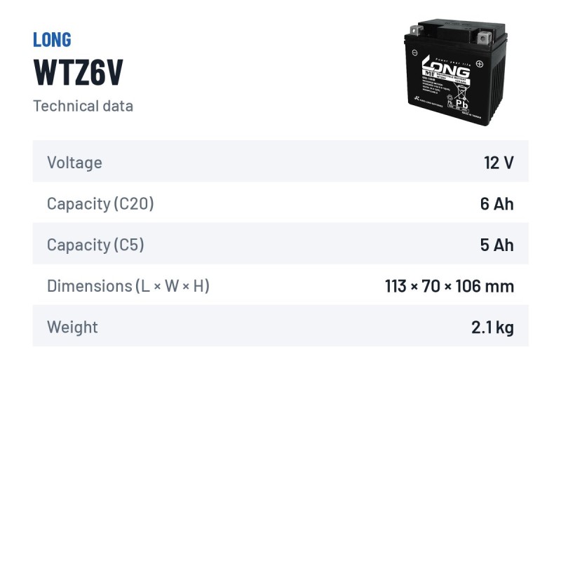 Bateria de carro Long WTZ6V 12V 6Ah – ficha técnica