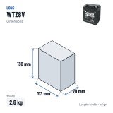 Batterie voiture Long WTZ8V 12V 7Ah – dimensions 113 × 70 × 130 mm