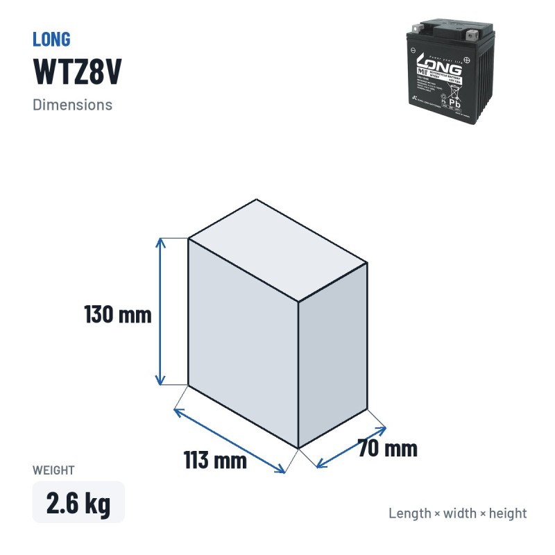 Batterie voiture Long WTZ8V 12V 7Ah – dimensions 113 × 70 × 130 mm
