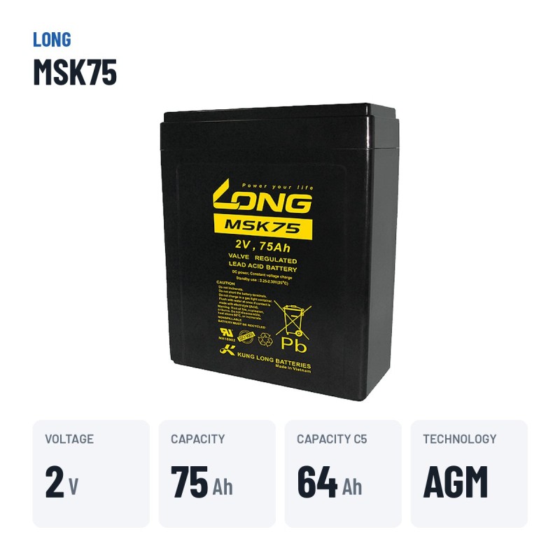 Bateria para telecomunicações Long MSK75 2V 75Ah AGM – dados principais