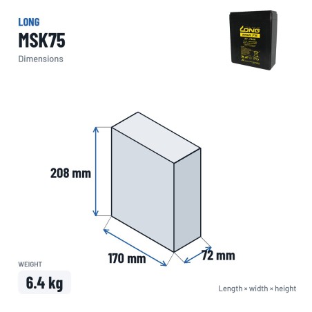 Telecom battery Long MSK75 2V 75Ah AGM – dimensions 170 × 72 × 208 mm