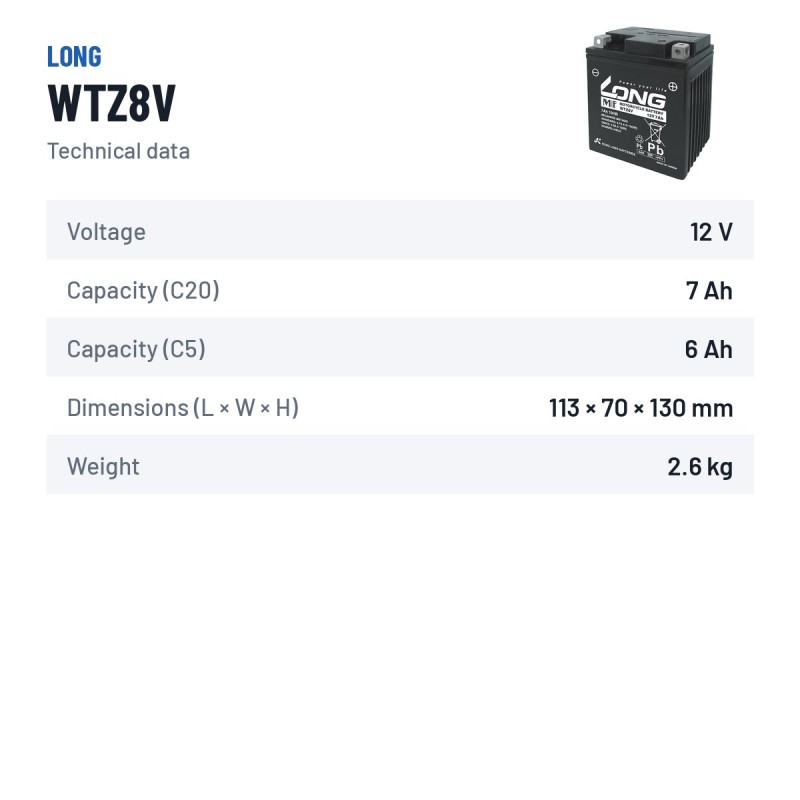 Bateria de carro Long WTZ8V 12V 7Ah – ficha técnica