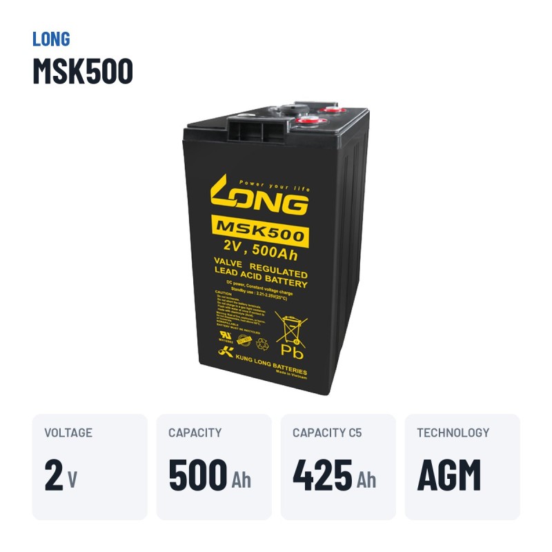 Telecom battery Long MSK500 2V 500Ah AGM – key specs