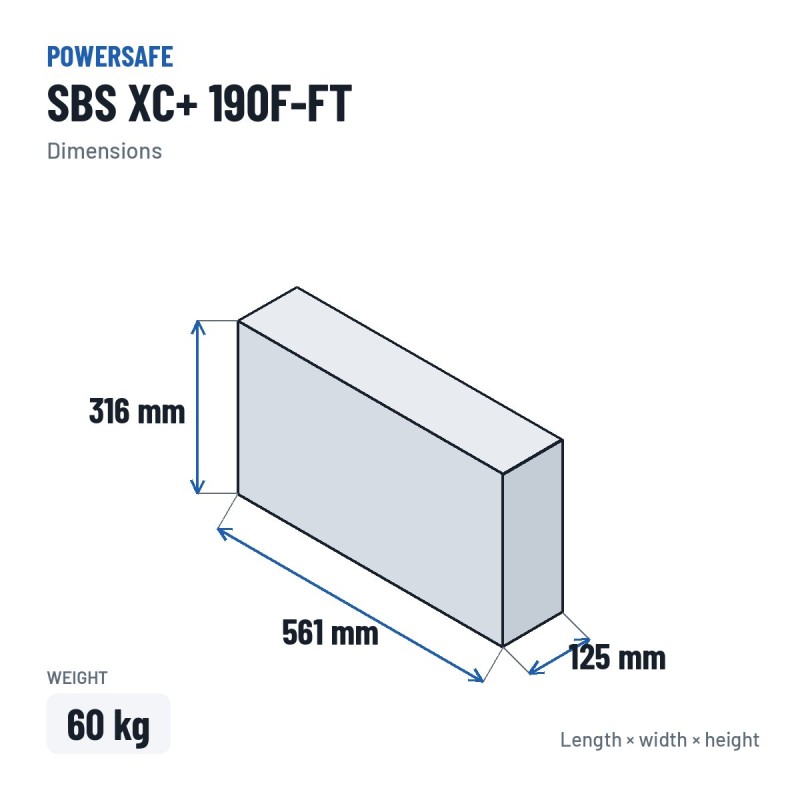 Bateria de armazenamento Powersafe SBS XC+ 190F-FT 12V 190Ah AGM – medidas 561 × 125 × 316 mm